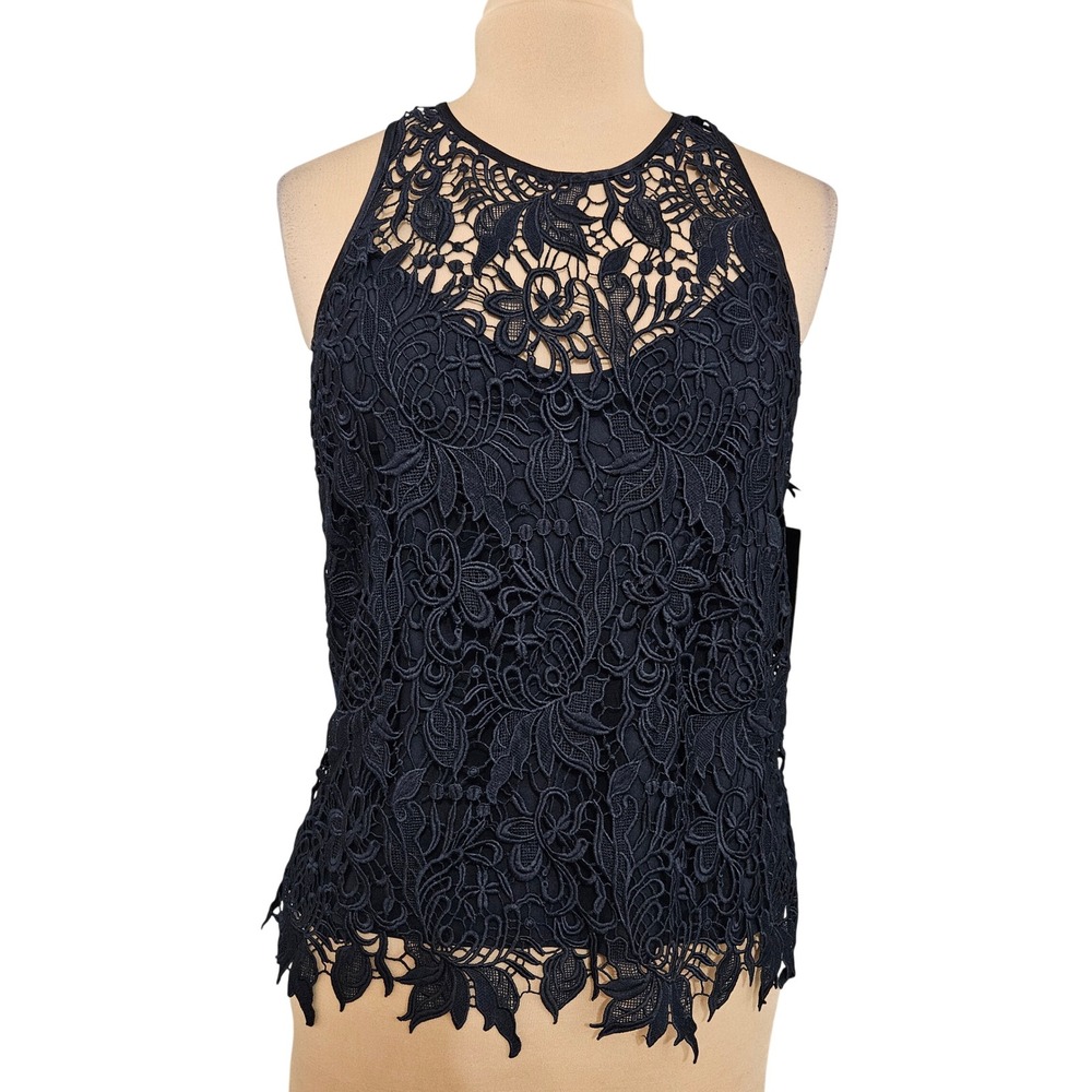 New Worth New York Navy Cashmere Silk Lace Sleeveless Top Medium Boho Dainty